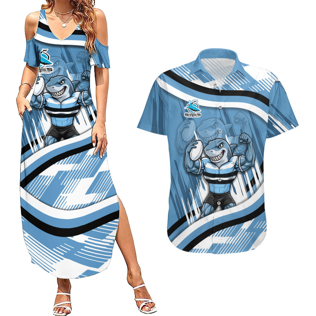 Cronulla Sharks Rugby Mascot Couples Matching Summer Maxi Dress and Hawaiian Shirt Fierce Athlete Graphic in Sports Style