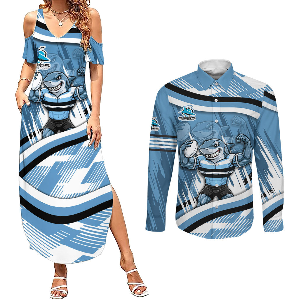 Cronulla Sharks Rugby Mascot Couples Matching Summer Maxi Dress and Long Sleeve Button Shirt Fierce Athlete Graphic in Sports Style