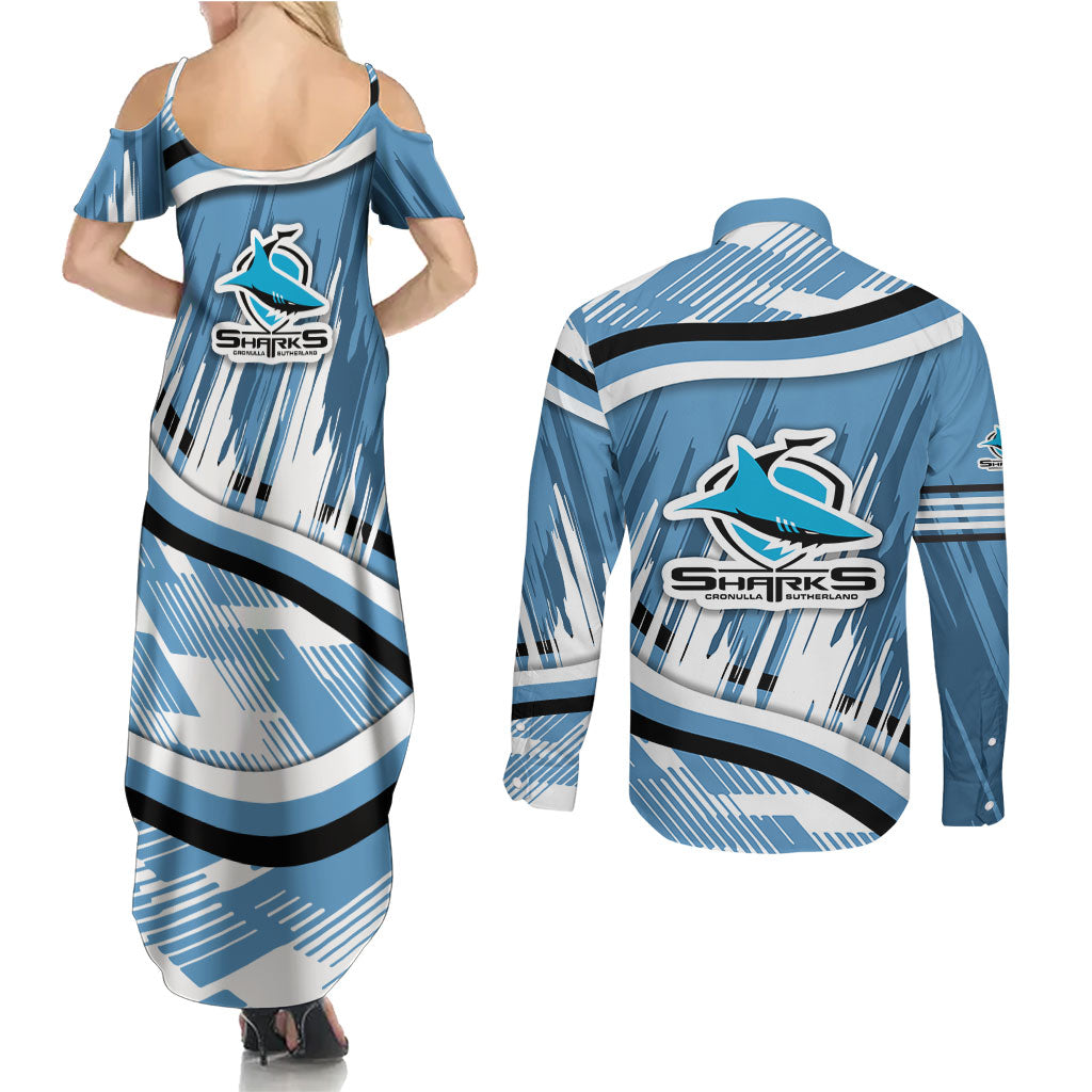 Cronulla Sharks Rugby Mascot Couples Matching Summer Maxi Dress and Long Sleeve Button Shirt Fierce Athlete Graphic in Sports Style