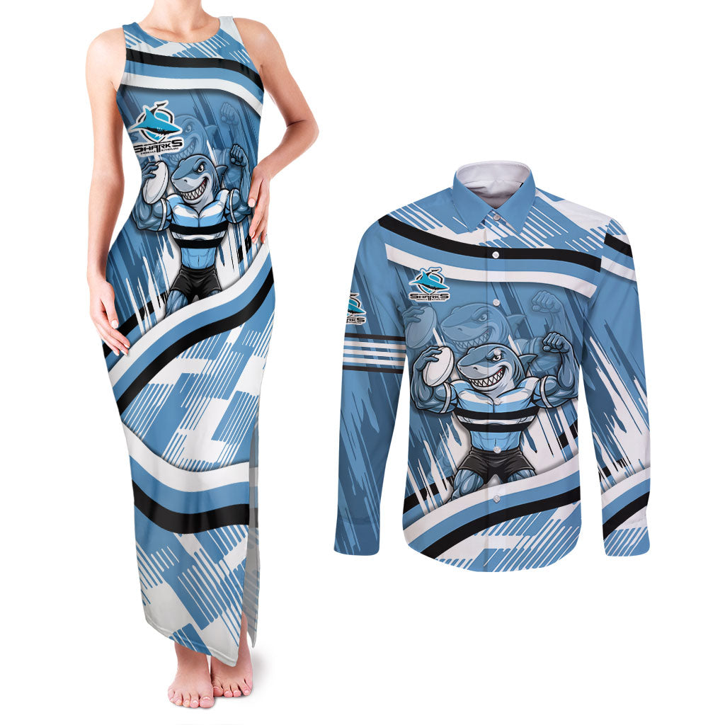 Cronulla Sharks Rugby Mascot Couples Matching Tank Maxi Dress and Long Sleeve Button Shirt Fierce Athlete Graphic in Sports Style