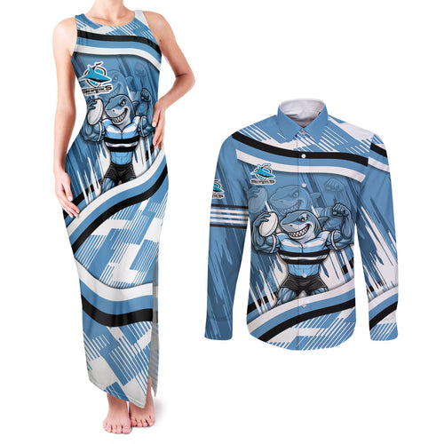 Cronulla Sharks Rugby Mascot Couples Matching Tank Maxi Dress and Long Sleeve Button Shirt Fierce Athlete Graphic in Sports Style