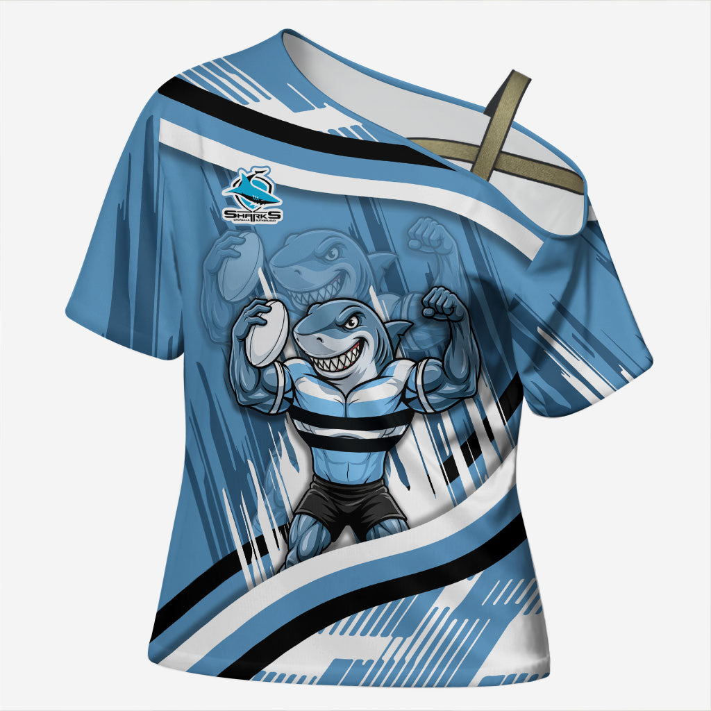 Cronulla Sharks Rugby Mascot Cross Shoulder Shirt Fierce Athlete Graphic in Sports Style