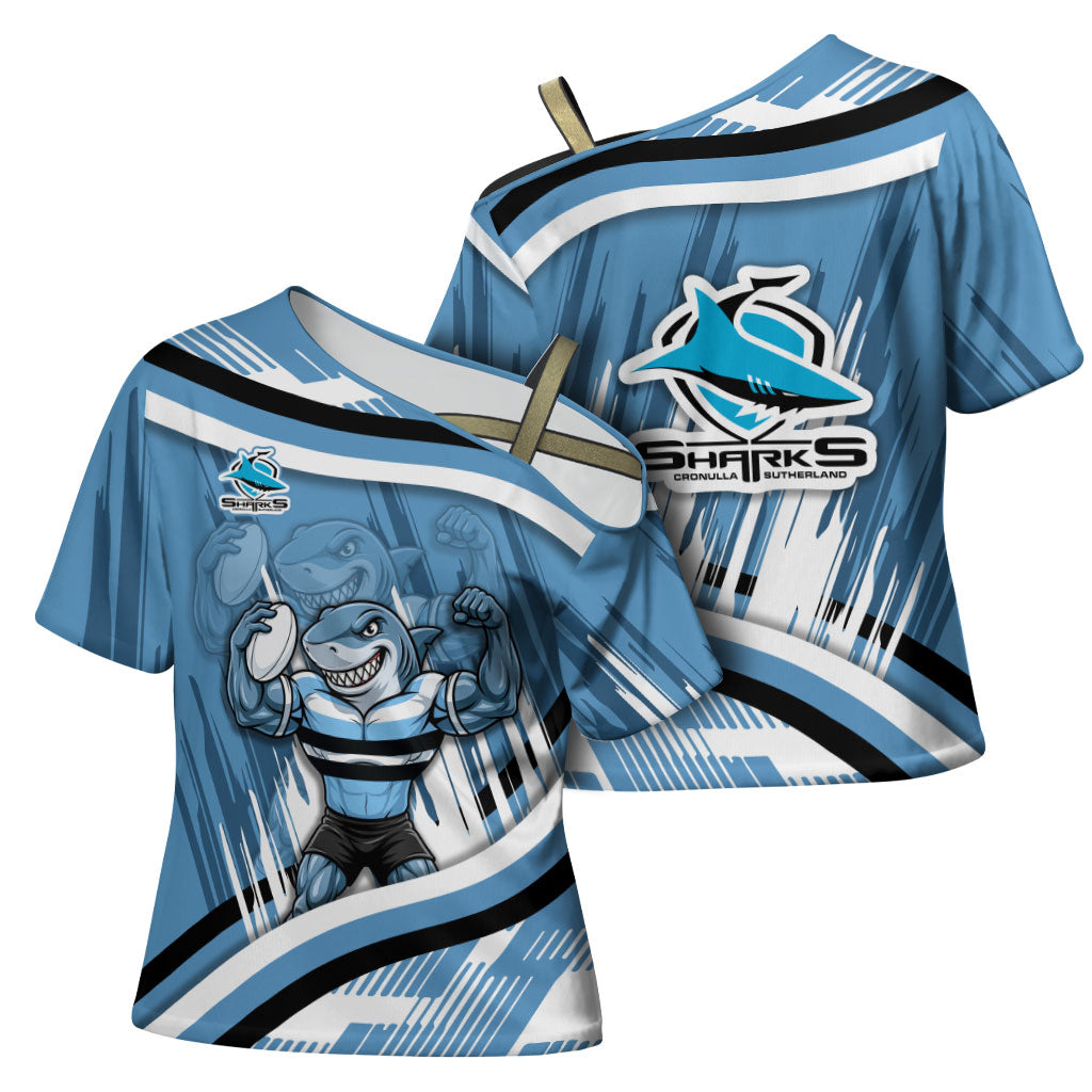 Cronulla Sharks Rugby Mascot Cross Shoulder Shirt Fierce Athlete Graphic in Sports Style