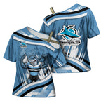 Cronulla Sharks Rugby Mascot Cross Shoulder Shirt Fierce Athlete Graphic in Sports Style