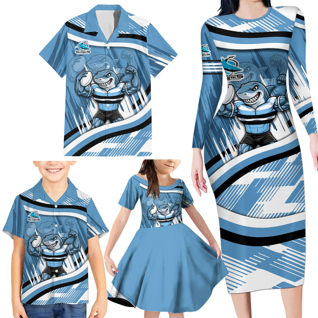 Cronulla Sharks Rugby Mascot Family Matching Long Sleeve Bodycon Dress and Hawaiian Shirt Fierce Athlete Graphic in Sports Style