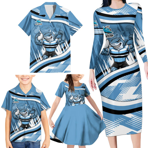 Cronulla Sharks Rugby Mascot Family Matching Long Sleeve Bodycon Dress and Hawaiian Shirt Fierce Athlete Graphic in Sports Style