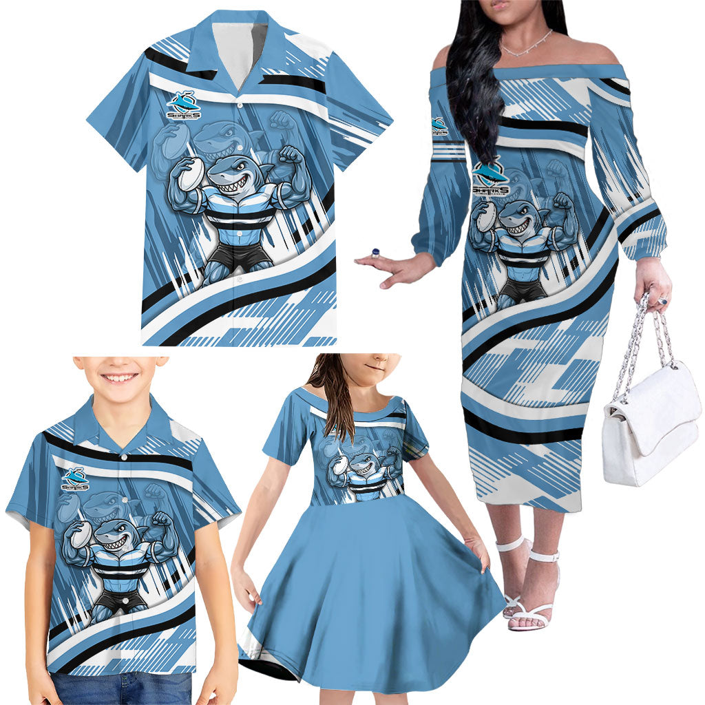 Cronulla Sharks Rugby Mascot Family Matching Off The Shoulder Long Sleeve Dress and Hawaiian Shirt Fierce Athlete Graphic in Sports Style