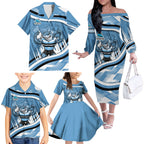 Cronulla Sharks Rugby Mascot Family Matching Off The Shoulder Long Sleeve Dress and Hawaiian Shirt Fierce Athlete Graphic in Sports Style