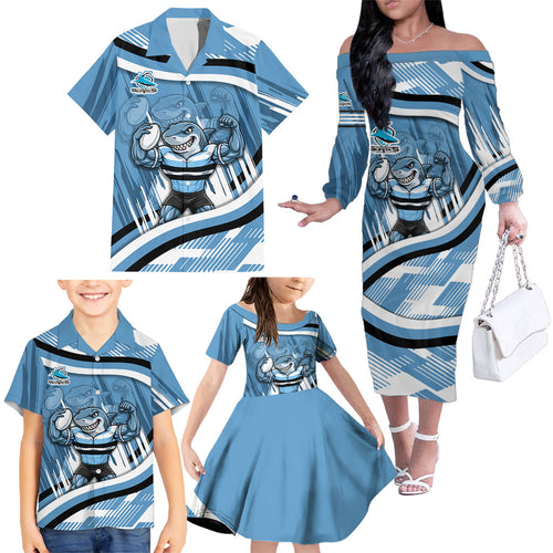 Cronulla Sharks Rugby Mascot Family Matching Off The Shoulder Long Sleeve Dress and Hawaiian Shirt Fierce Athlete Graphic in Sports Style