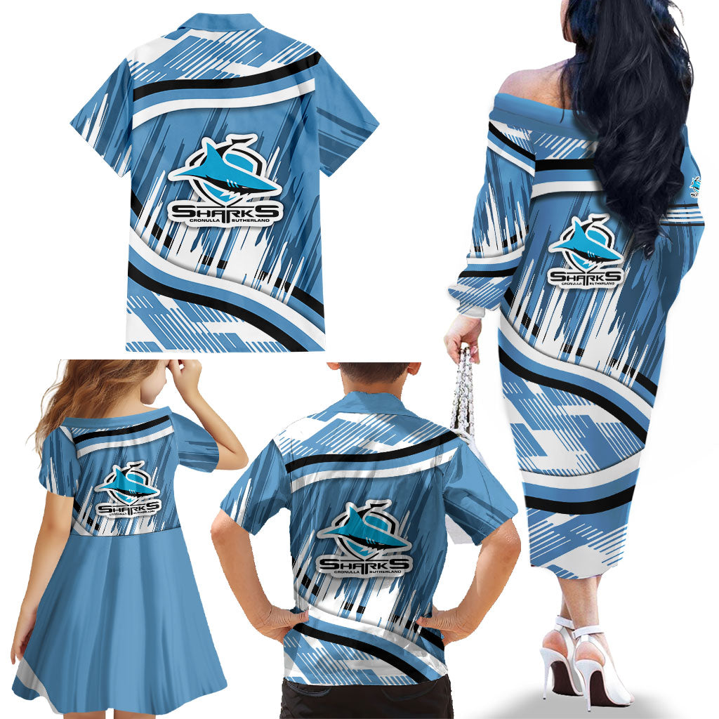 Cronulla Sharks Rugby Mascot Family Matching Off The Shoulder Long Sleeve Dress and Hawaiian Shirt Fierce Athlete Graphic in Sports Style