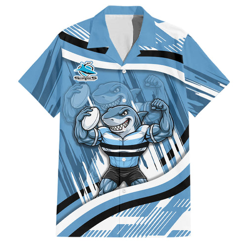 Cronulla Sharks Rugby Mascot Family Matching Off The Shoulder Long Sleeve Dress and Hawaiian Shirt Fierce Athlete Graphic in Sports Style