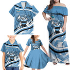 Cronulla Sharks Rugby Mascot Family Matching Off Shoulder Maxi Dress and Hawaiian Shirt Fierce Athlete Graphic in Sports Style