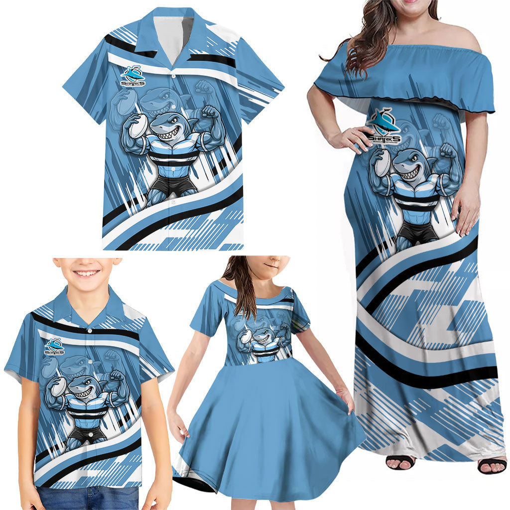 Cronulla Sharks Rugby Mascot Family Matching Off Shoulder Maxi Dress and Hawaiian Shirt Fierce Athlete Graphic in Sports Style