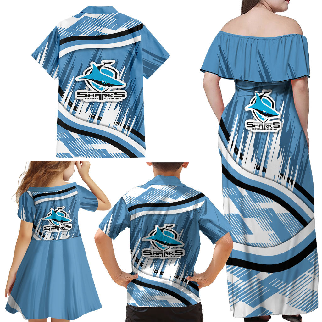 Cronulla Sharks Rugby Mascot Family Matching Off Shoulder Maxi Dress and Hawaiian Shirt Fierce Athlete Graphic in Sports Style