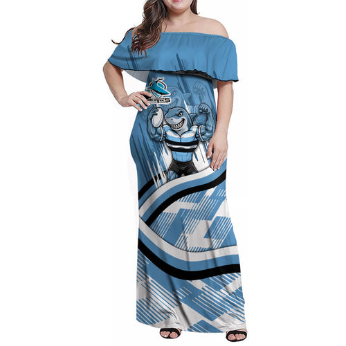 Cronulla Sharks Rugby Mascot Family Matching Off Shoulder Maxi Dress and Hawaiian Shirt Fierce Athlete Graphic in Sports Style