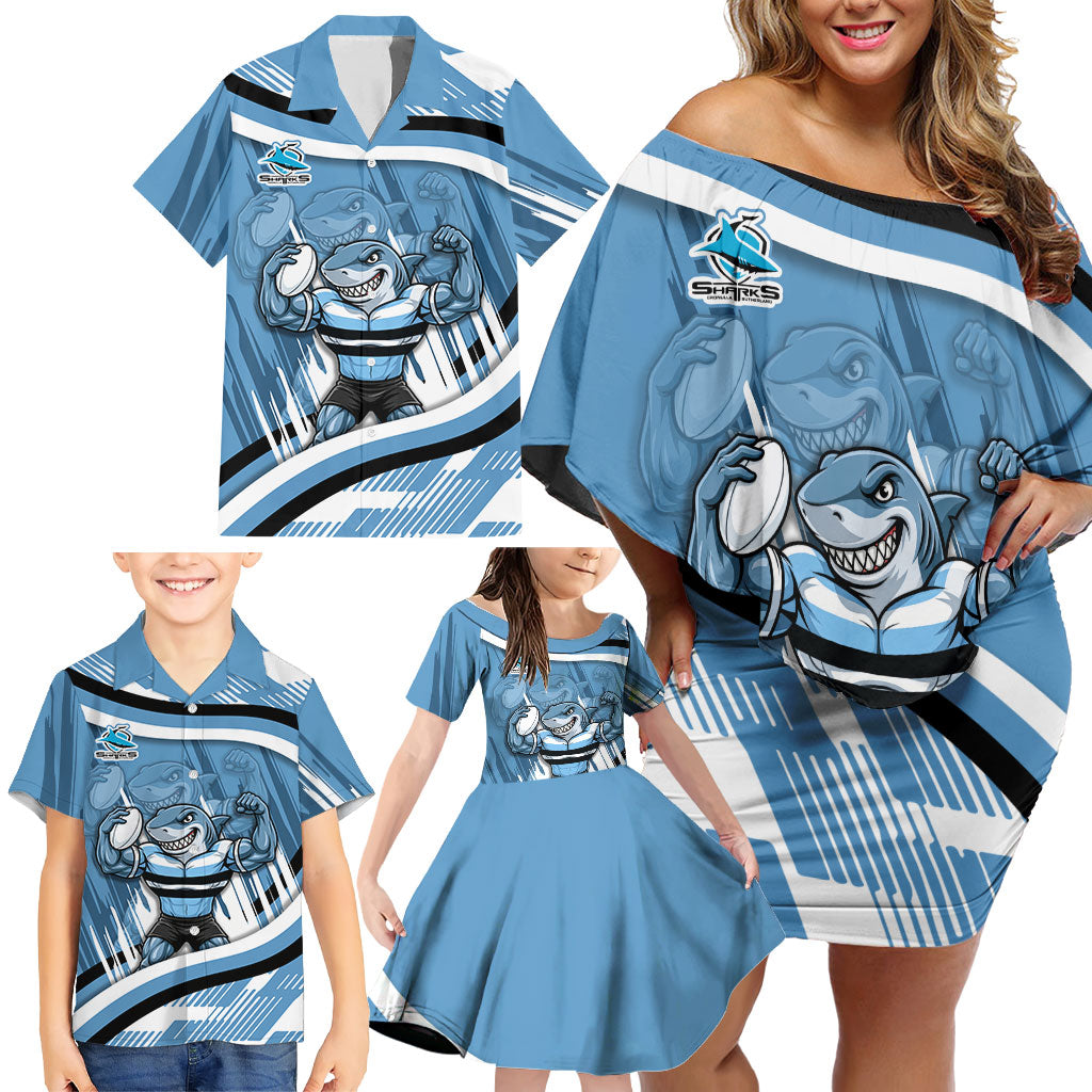 Cronulla Sharks Rugby Mascot Family Matching Off Shoulder Short Dress and Hawaiian Shirt Fierce Athlete Graphic in Sports Style