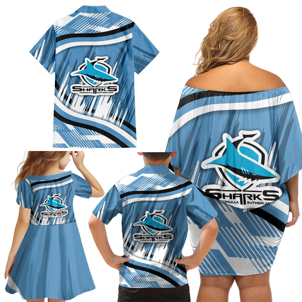 Cronulla Sharks Rugby Mascot Family Matching Off Shoulder Short Dress and Hawaiian Shirt Fierce Athlete Graphic in Sports Style