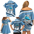 Cronulla Sharks Rugby Mascot Family Matching Off Shoulder Short Dress and Hawaiian Shirt Fierce Athlete Graphic in Sports Style