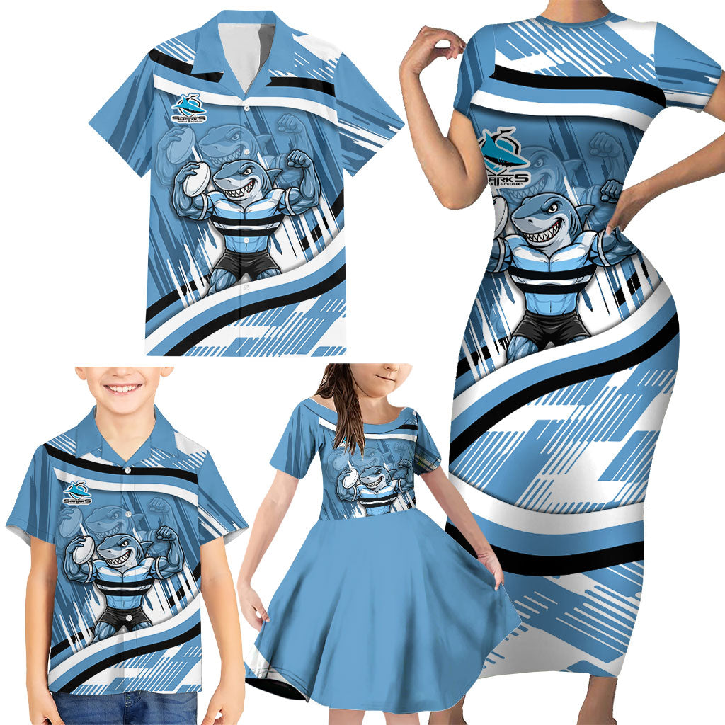 Cronulla Sharks Rugby Mascot Family Matching Short Sleeve Bodycon Dress and Hawaiian Shirt Fierce Athlete Graphic in Sports Style