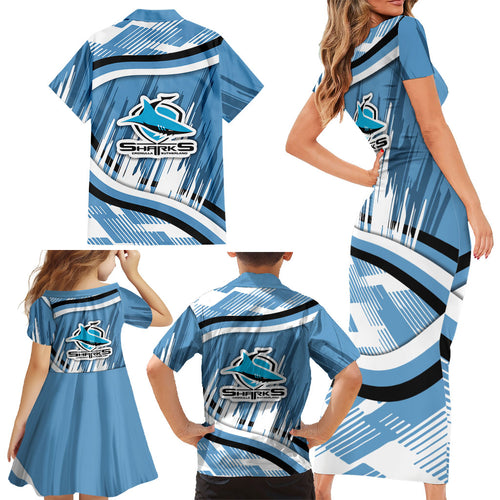 Cronulla Sharks Rugby Mascot Family Matching Short Sleeve Bodycon Dress and Hawaiian Shirt Fierce Athlete Graphic in Sports Style
