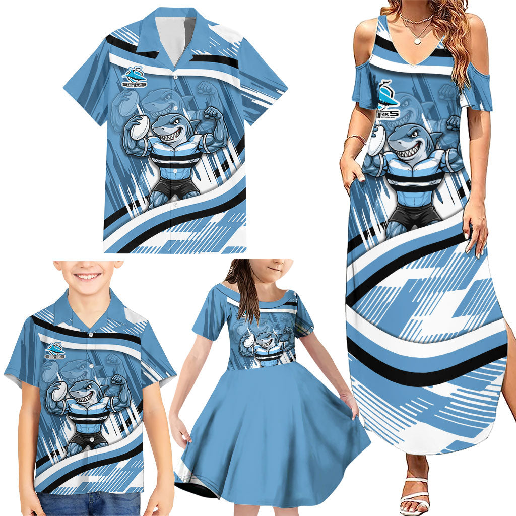 Cronulla Sharks Rugby Mascot Family Matching Summer Maxi Dress and Hawaiian Shirt Fierce Athlete Graphic in Sports Style
