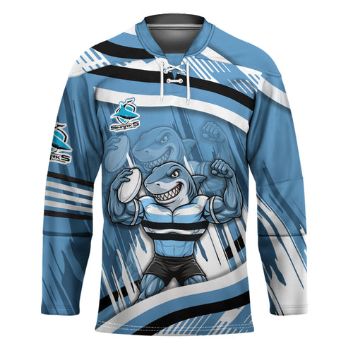 Cronulla Sharks Rugby Mascot Hockey Jersey Fierce Athlete Graphic in Sports Style