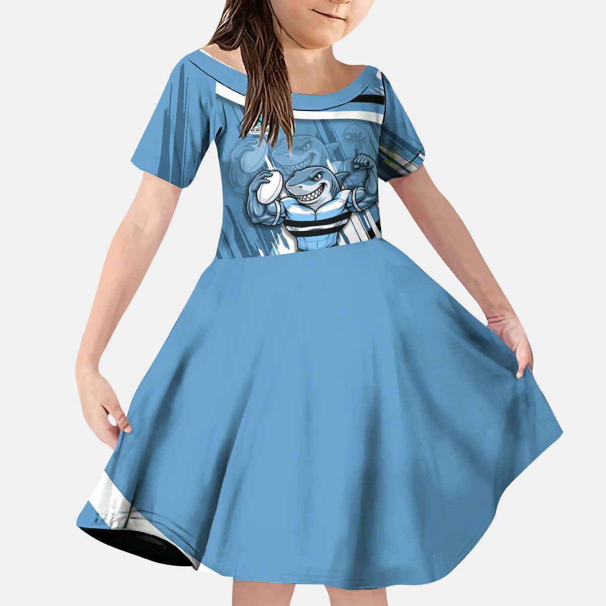 Cronulla Sharks Rugby Mascot Kid Short Sleeve Dress Fierce Athlete Graphic in Sports Style