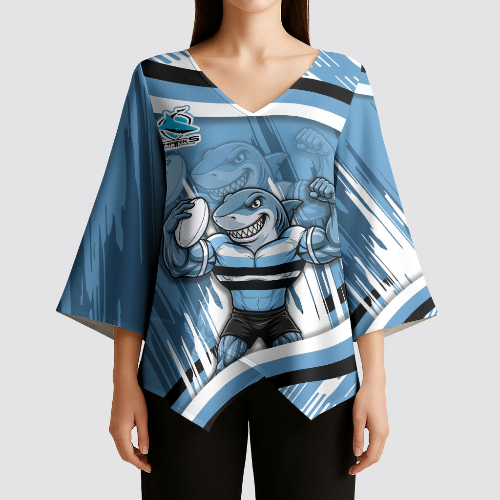 Cronulla Sharks Rugby Mascot Kimono Sleeve Blouse Fierce Athlete Graphic in Sports Style