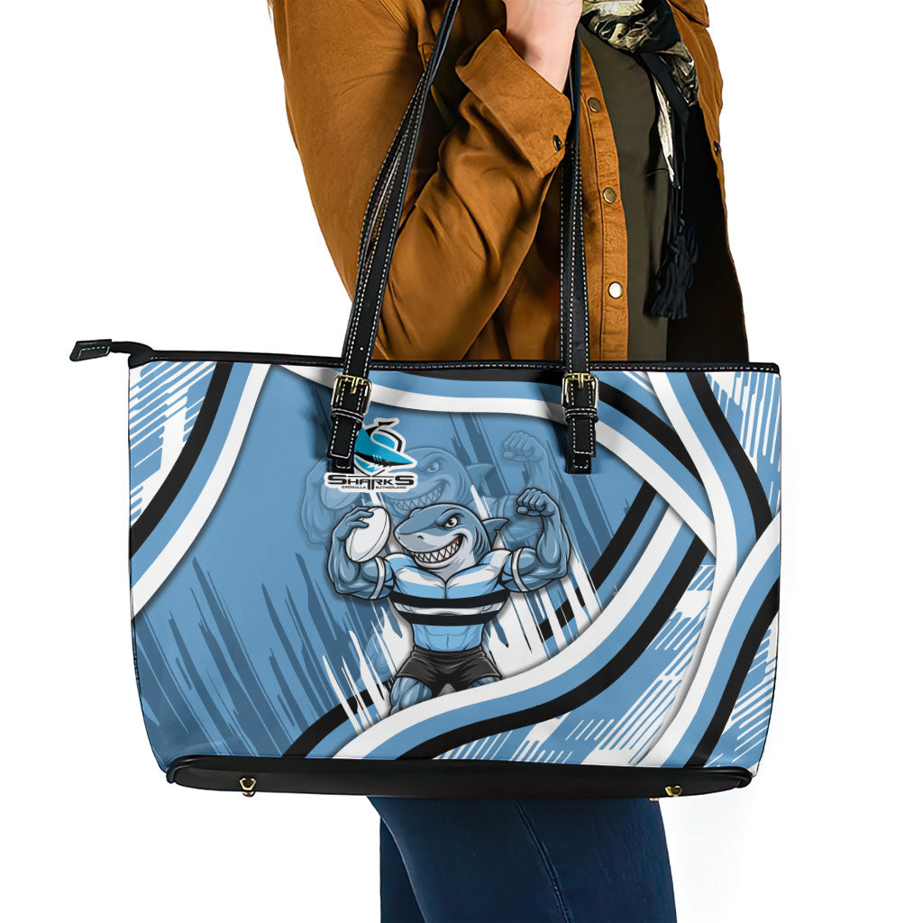 Cronulla Sharks Rugby Mascot Leather Tote Bag Fierce Athlete Graphic in Sports Style