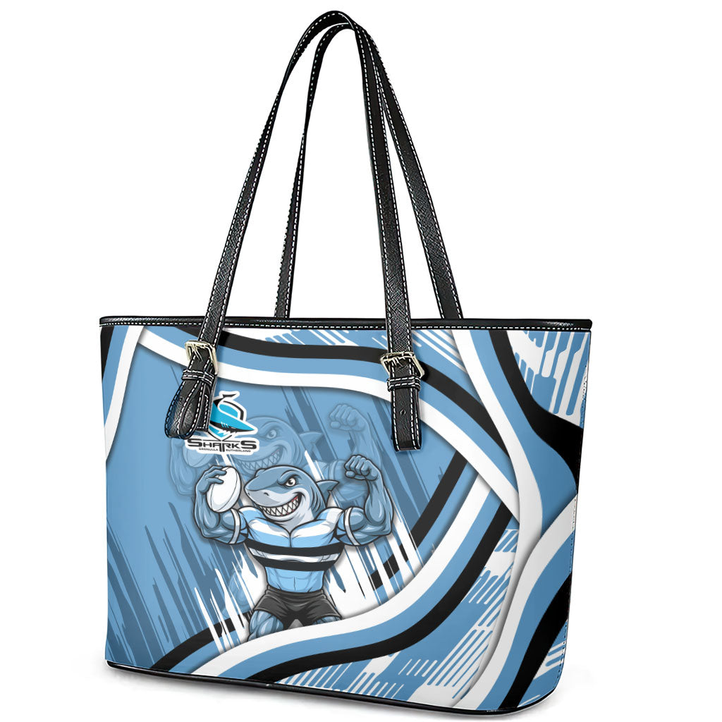 Cronulla Sharks Rugby Mascot Leather Tote Bag Fierce Athlete Graphic in Sports Style