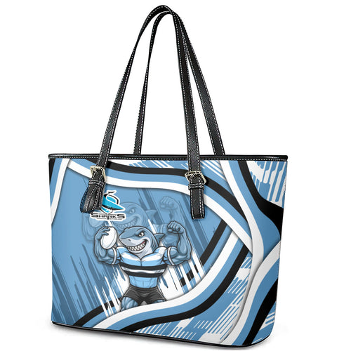 Cronulla Sharks Rugby Mascot Leather Tote Bag Fierce Athlete Graphic in Sports Style