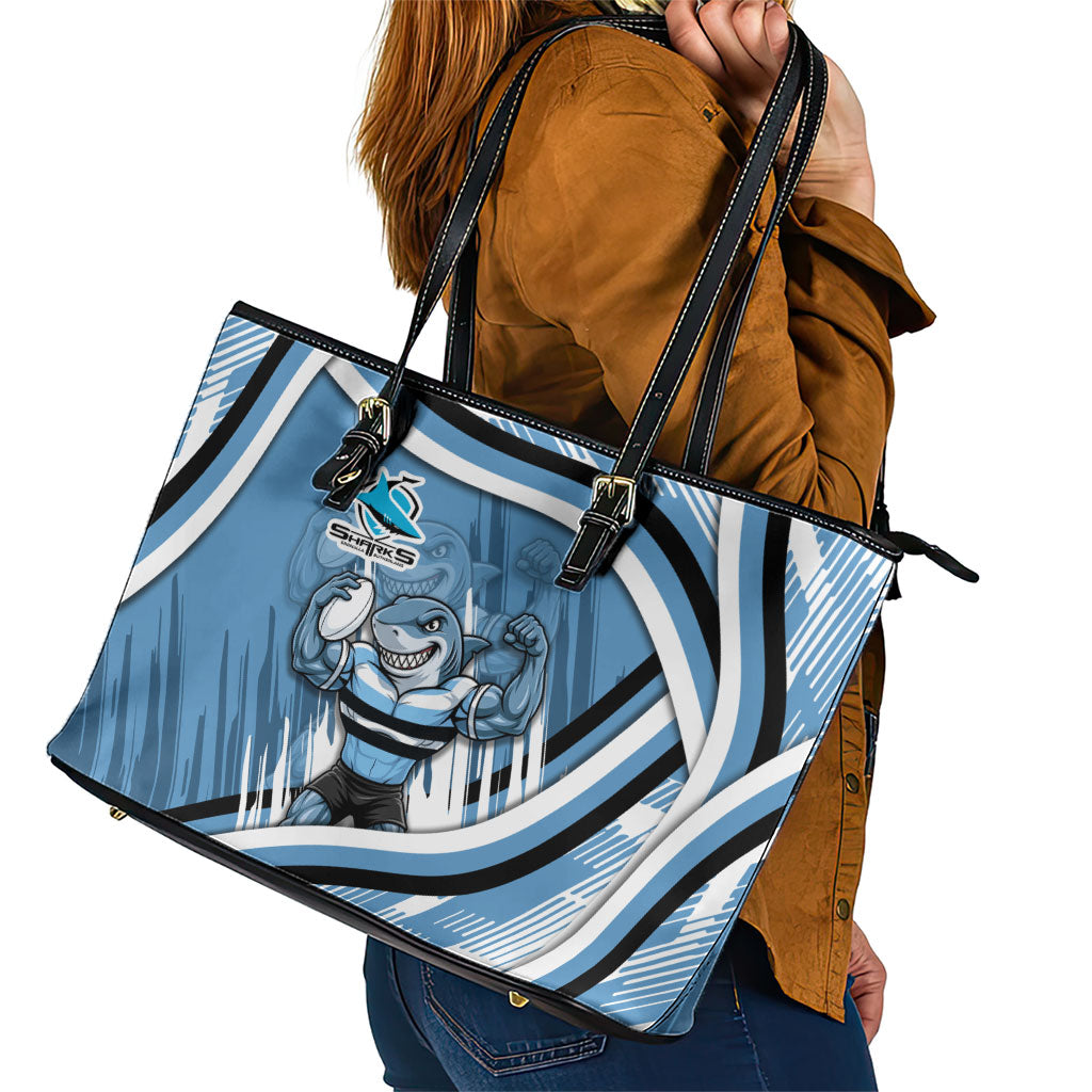 Cronulla Sharks Rugby Mascot Leather Tote Bag Fierce Athlete Graphic in Sports Style