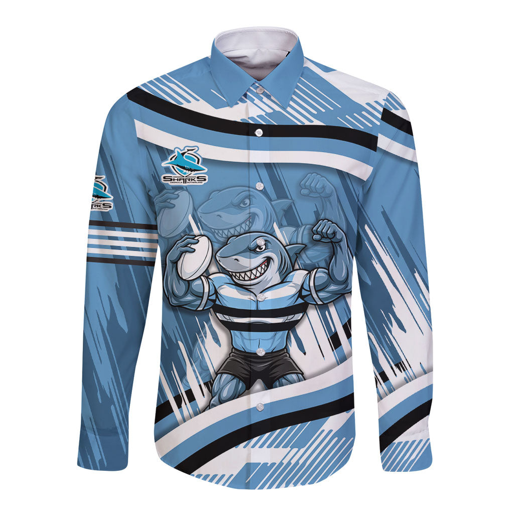 Cronulla Sharks Rugby Mascot Long Sleeve Button Shirt Fierce Athlete Graphic in Sports Style