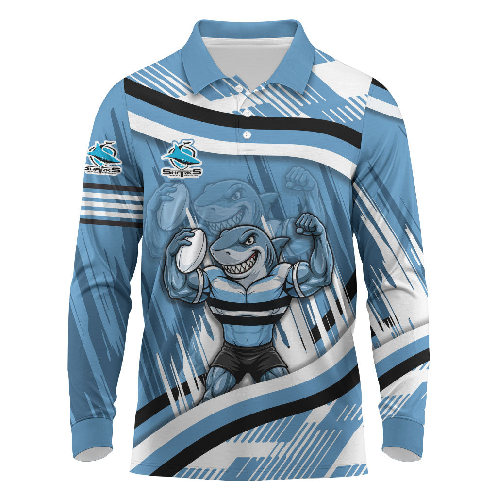 Cronulla Sharks Rugby Mascot Long Sleeve Polo Shirt Fierce Athlete Graphic in Sports Style