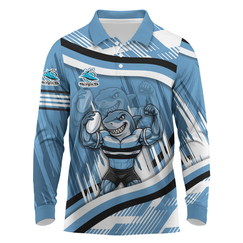 Cronulla Sharks Rugby Mascot Long Sleeve Polo Shirt Fierce Athlete Graphic in Sports Style