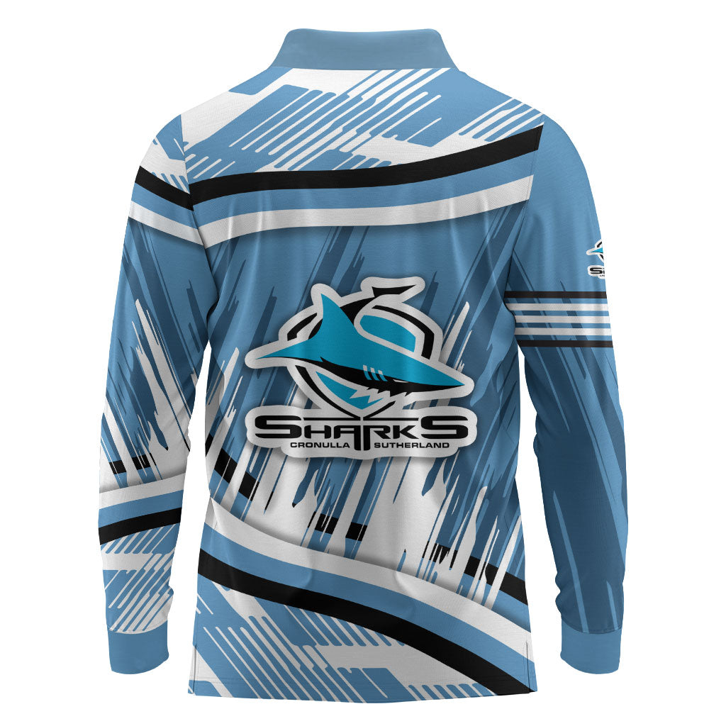 Cronulla Sharks Rugby Mascot Long Sleeve Polo Shirt Fierce Athlete Graphic in Sports Style