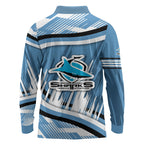 Cronulla Sharks Rugby Mascot Long Sleeve Polo Shirt Fierce Athlete Graphic in Sports Style
