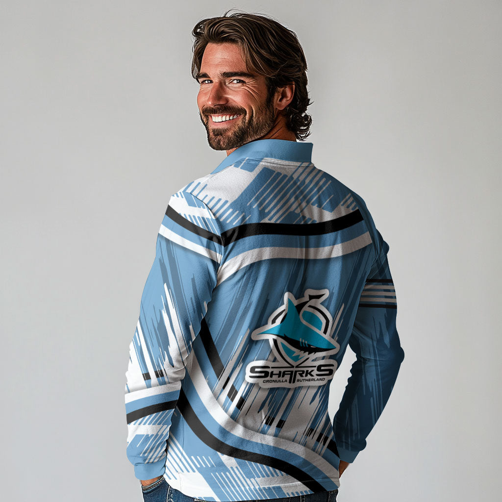 Cronulla Sharks Rugby Mascot Long Sleeve Polo Shirt Fierce Athlete Graphic in Sports Style