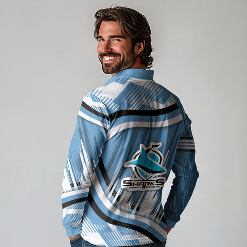 Cronulla Sharks Rugby Mascot Long Sleeve Polo Shirt Fierce Athlete Graphic in Sports Style