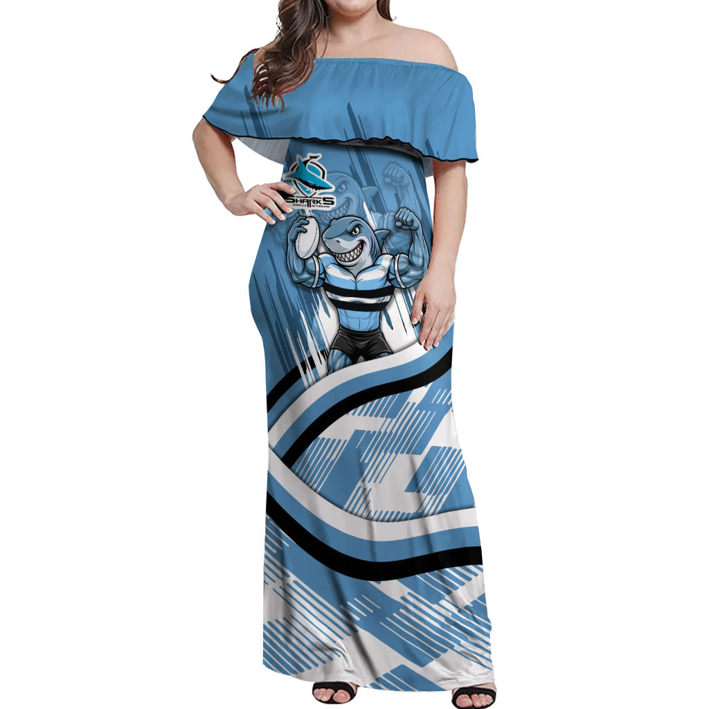 Cronulla Sharks Rugby Mascot Off Shoulder Maxi Dress Fierce Athlete Graphic in Sports Style