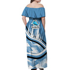 Cronulla Sharks Rugby Mascot Off Shoulder Maxi Dress Fierce Athlete Graphic in Sports Style