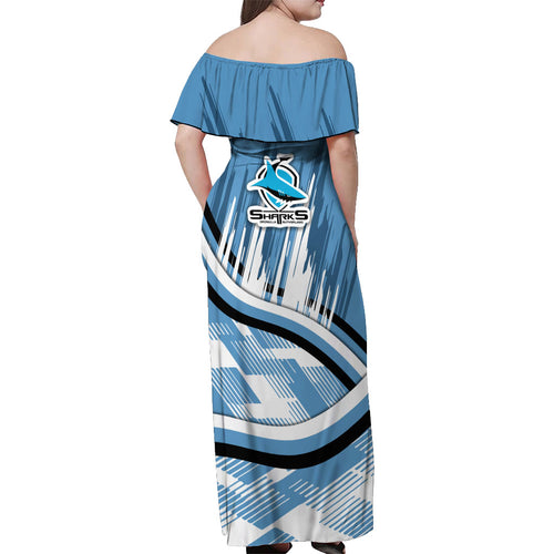 Cronulla Sharks Rugby Mascot Off Shoulder Maxi Dress Fierce Athlete Graphic in Sports Style
