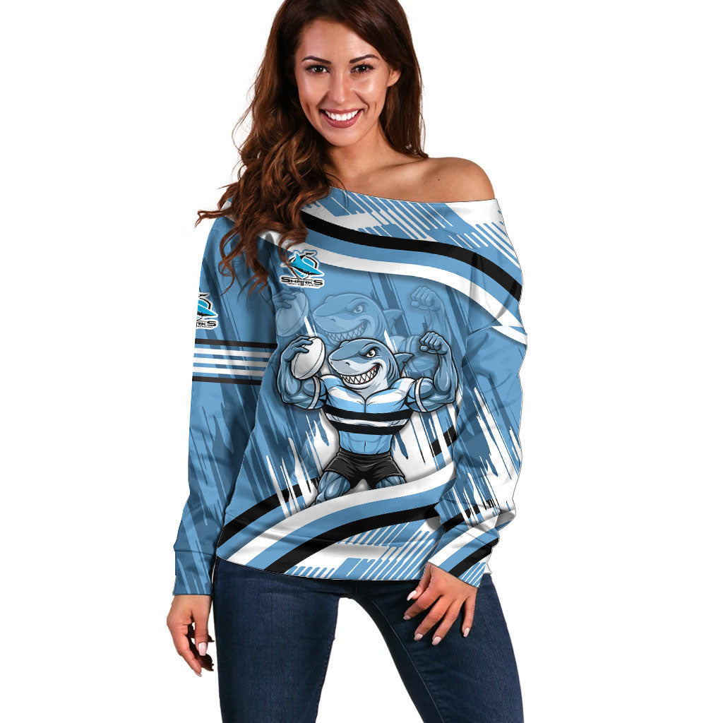 Cronulla Sharks Rugby Mascot Off Shoulder Sweater Fierce Athlete Graphic in Sports Style