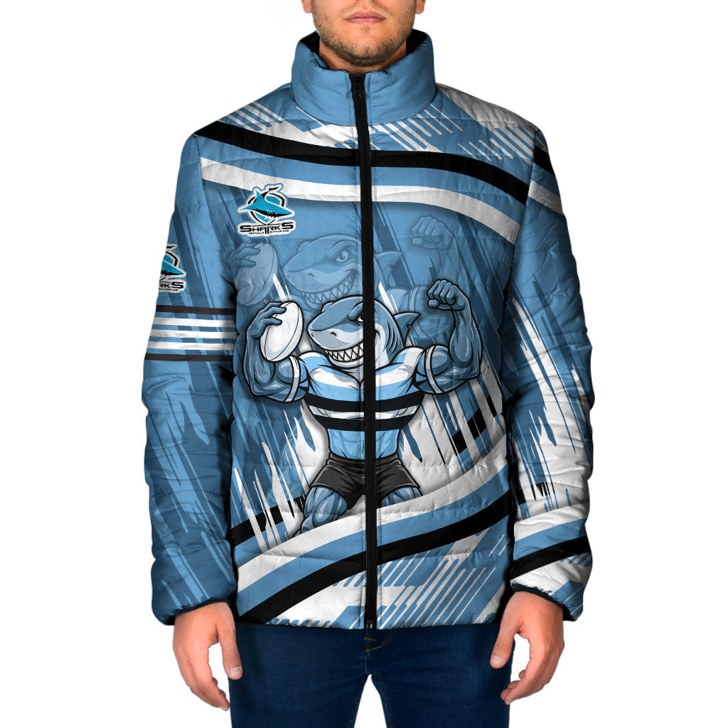 Cronulla Sharks Rugby Mascot Padded Jacket Fierce Athlete Graphic in Sports Style