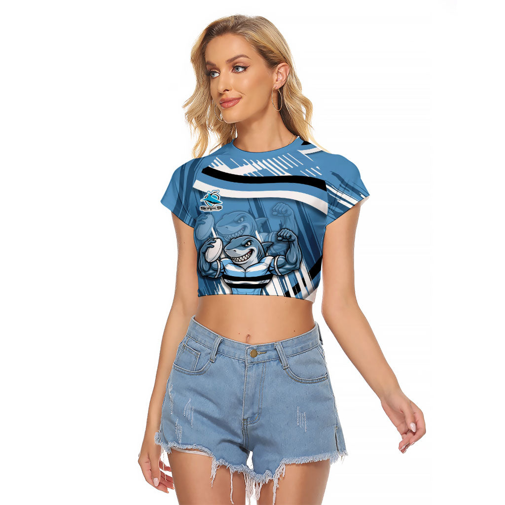 Cronulla Sharks Rugby Mascot Raglan Cropped T Shirt Fierce Athlete Graphic in Sports Style