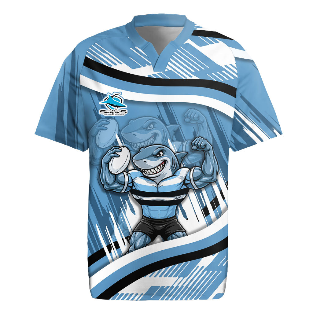 Cronulla Sharks Rugby Mascot Rugby Jersey Fierce Athlete Graphic in Sports Style