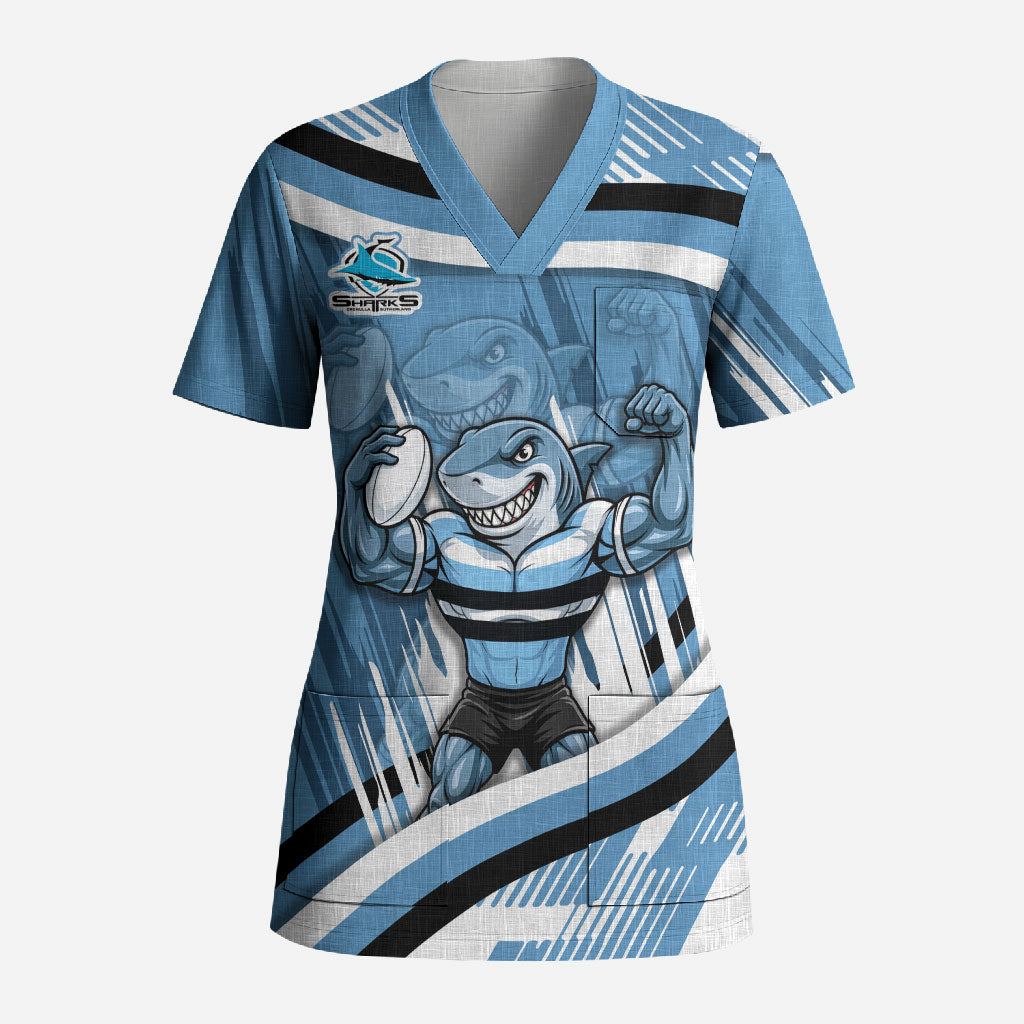 Cronulla Sharks Rugby Mascot Scrub Top Fierce Athlete Graphic in Sports Style