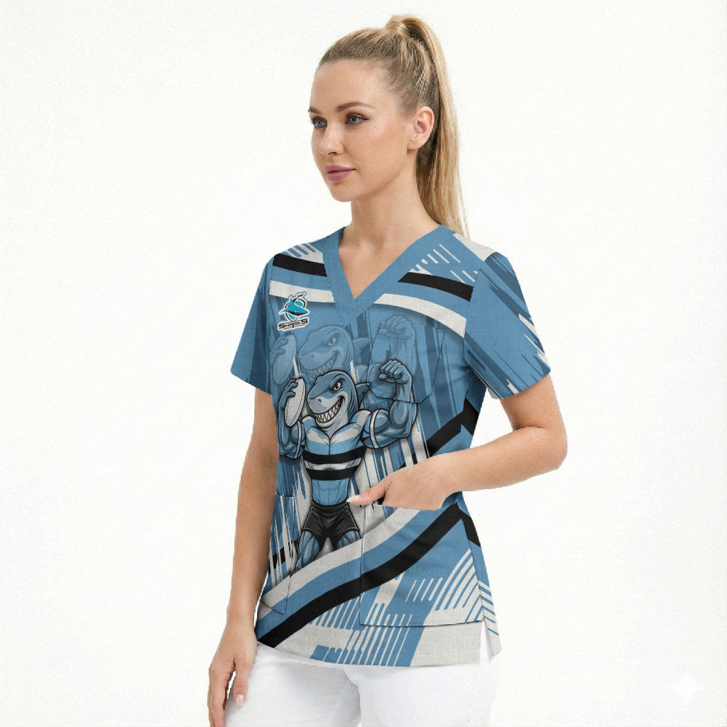 Cronulla Sharks Rugby Mascot Scrub Top Fierce Athlete Graphic in Sports Style
