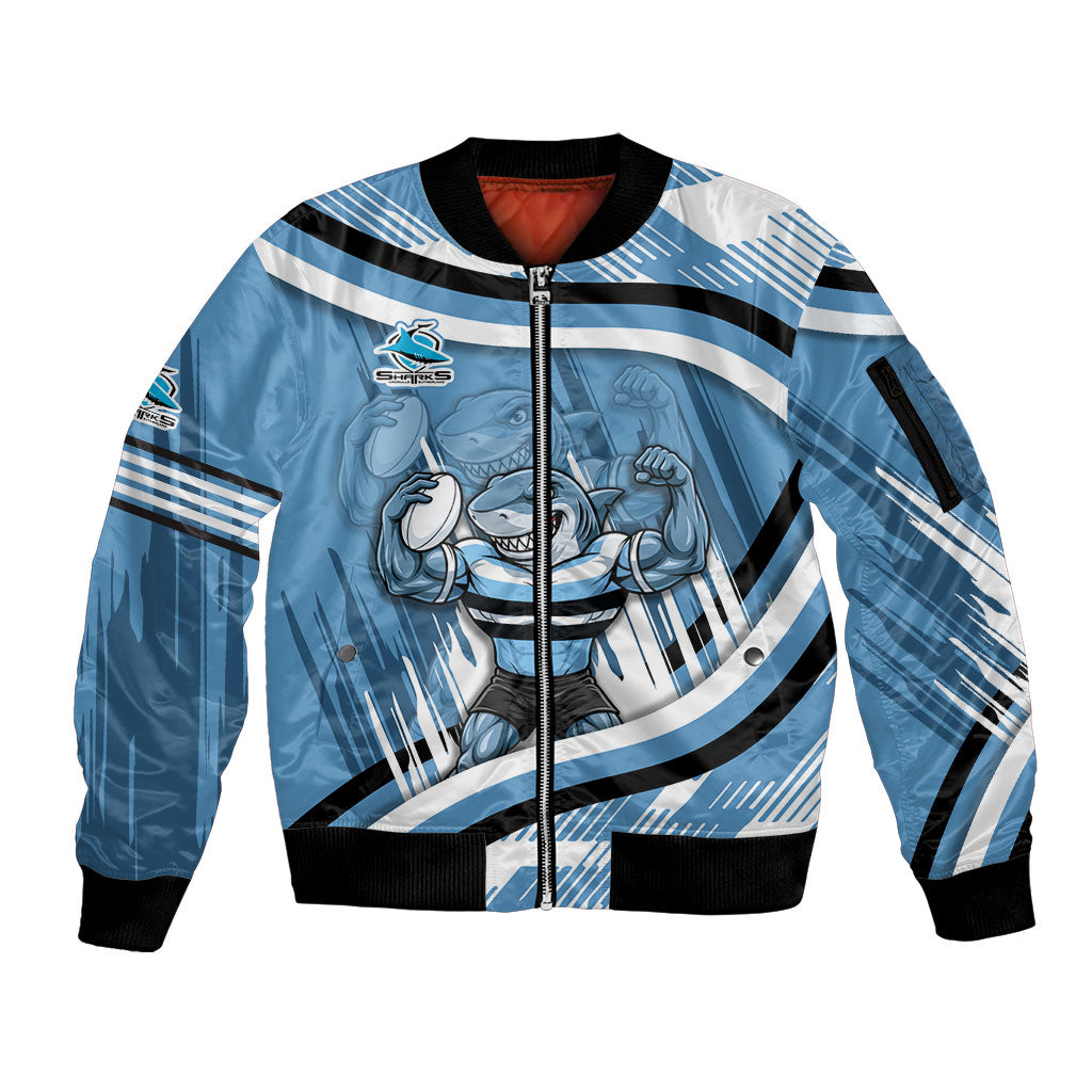Cronulla Sharks Rugby Mascot Sleeve Zip Bomber Jacket Fierce Athlete Graphic in Sports Style