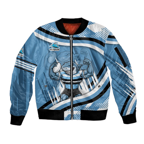 Cronulla Sharks Rugby Mascot Sleeve Zip Bomber Jacket Fierce Athlete Graphic in Sports Style
